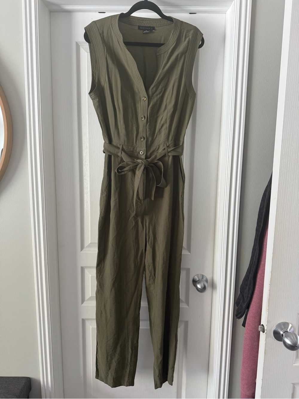 Sanctuary Olive Sleeveless Button-Front Jumpsuit with Tie Waist